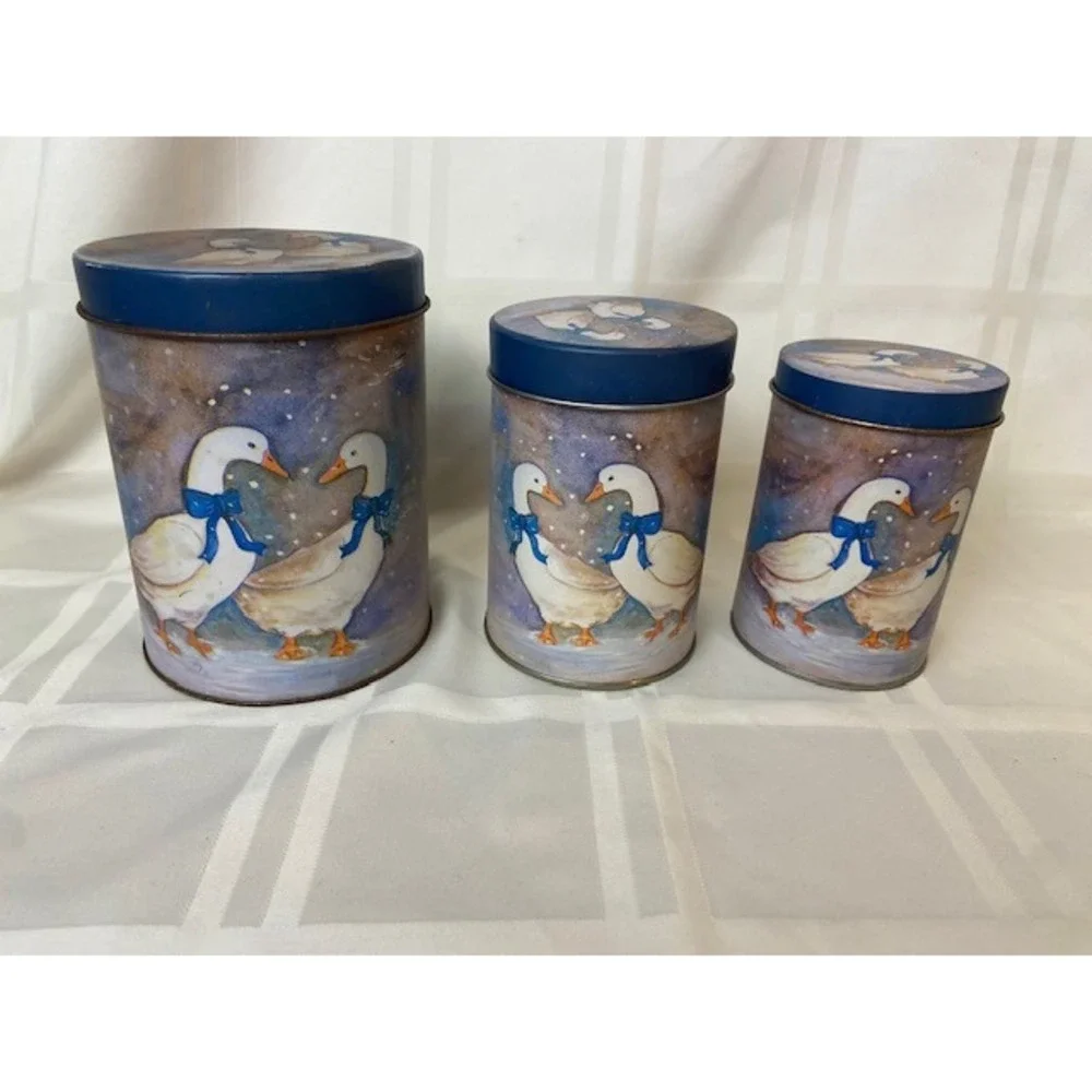 Vintage Goose Nesting Tins Set of 3 Blue Bow Country Kitchen Decor Canisters